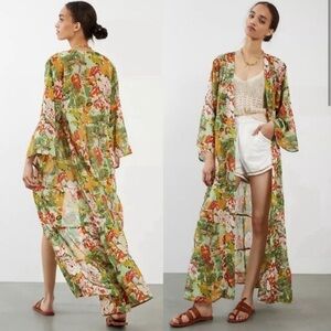 Anthropologie Floral Orange and Green Kimono sz OS